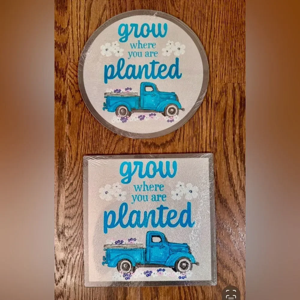 New pair of Kitchen Grow Where You Are Planted Blue Truck Trivets Spoons Rests